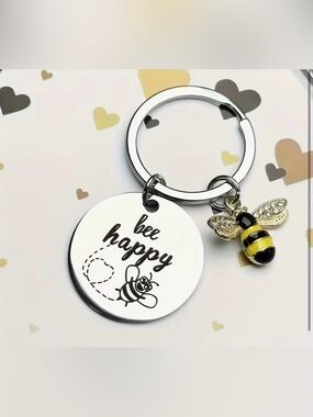 Bee Happy Engraved Round Keychain with Bee Charm - Silver & Yellow